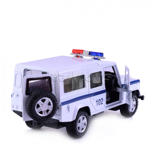Машина металл Land Rover, Defender Полиция 12 см, (двери, баг, белый,)инерц., в коробке