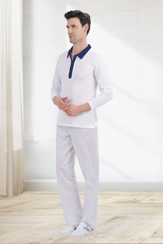 Рубашка-поло мужская (бело-синий, длинный рукав) №УФР-ТР-0507