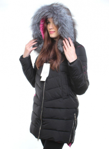 163-096 BLACK Пальто зимнее женское (холлофайбер, натуральный мех чернобурки) размер 44