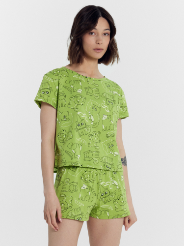 Комплект женский (джемпер, шорты) оливково-зеленый с котиками