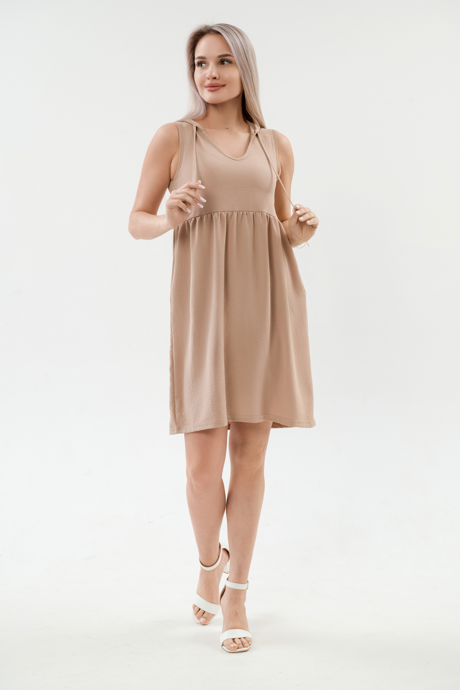 Платье с капюшоном из жатки Хлоя бежевый