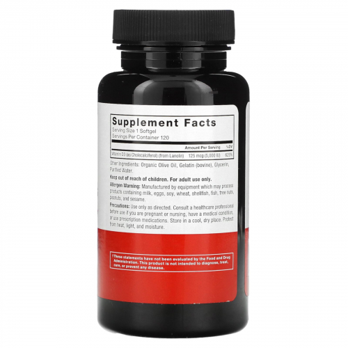 Force Factor, витамин D3, 125 мкг (5000 МЕ), 120 мягких таблеток