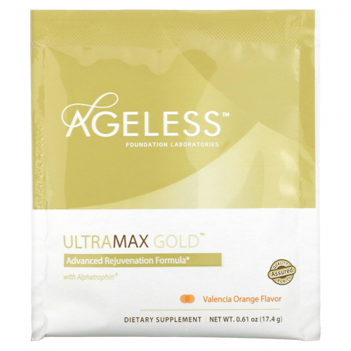 Ageless Foundation Laboratories, UltraMax Gold, улучшенная формула омоложения с альфатрофином, со вкусом валенсийского апельсина, 22 пакетика по 17,4 г каждый