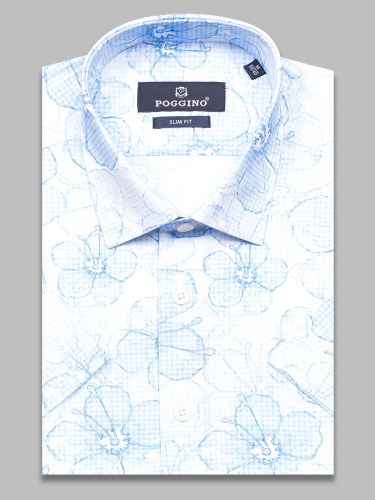Голубая приталенная мужская рубашка Poggino 7004-17 в цветах с коротким рукавом