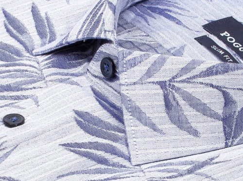 Синяя приталенная мужская рубашка Poggino 7004-48 в листьях с коротким рукавом