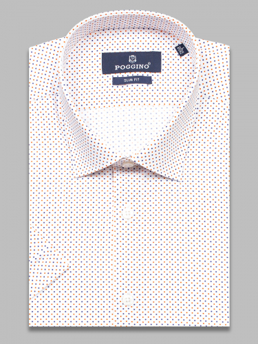 Белая приталенная мужская рубашка Poggino 7003-15 в горошек с коротким рукавом
