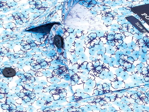 Бирюзовая приталенная мужская рубашка Poggino 7004-11 в цветочек с коротким рукавом