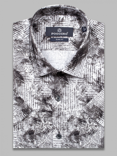 Серая приталенная мужская рубашка Poggino 7004-30 в абстракции с коротким рукавом