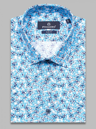 Бирюзовая приталенная мужская рубашка Poggino 7004-11 в цветочек с коротким рукавом