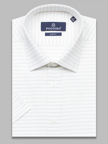 Белая приталенная мужская рубашка Poggino 7003-49 в полоску с коротким рукавом