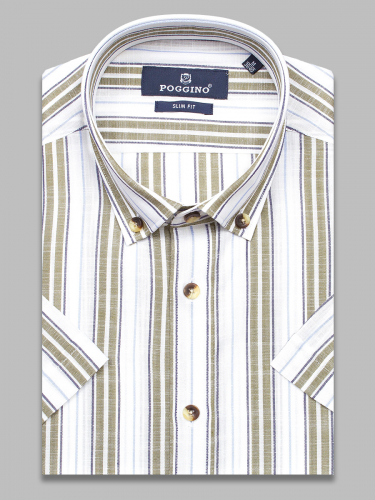 Летняя приталенная мужская рубашка Poggino 7001-42 в полоску с коротким рукавом