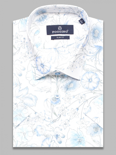 Голубая приталенная мужская рубашка Poggino 7002-09 в цветах с коротким рукавом