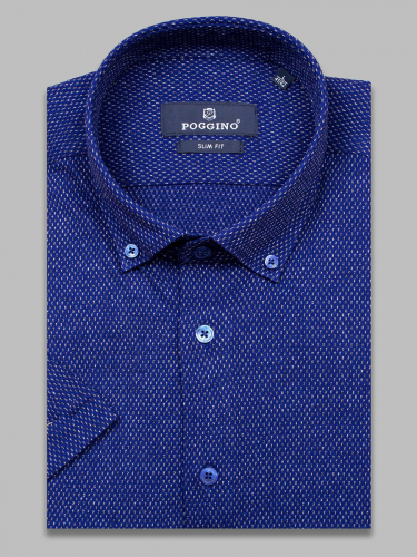 Синяя приталенная мужская рубашка Poggino 7003-66 в отрезках с коротким рукавом