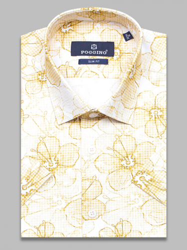 Бежевая приталенная мужская рубашка Poggino 7004-14 в цветах с коротким рукавом