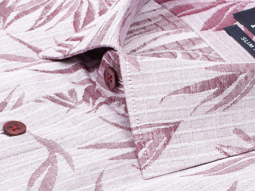 Бордовая приталенная мужская рубашка Poggino 7004-49 в листьях с коротким рукавом