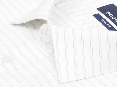 Белая приталенная мужская рубашка Poggino 7003-49 в полоску с коротким рукавом