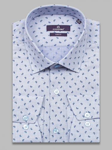 Светло-синяя приталенная мужская рубашка Poggino 7017-66 в огурцах с длинным рукавом