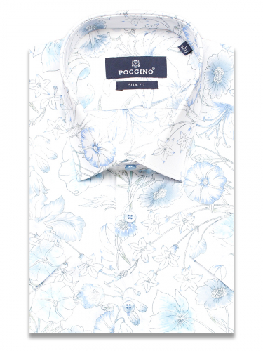 Голубая приталенная мужская рубашка Poggino 7002-09 в цветах с коротким рукавом
