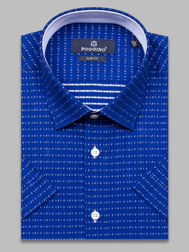 Синяя приталенная мужская рубашка Poggino 4000-02 в полоску с коротким рукавом