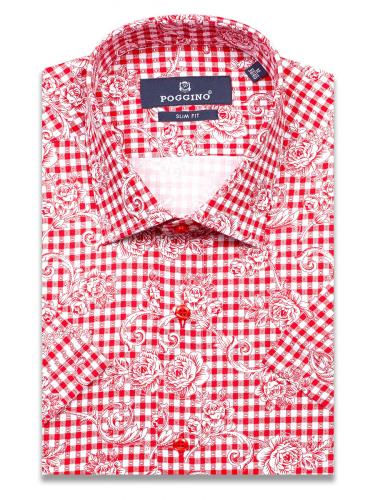 Красная приталенная мужская рубашка Poggino 7002-29 в клетку с коротким рукавом