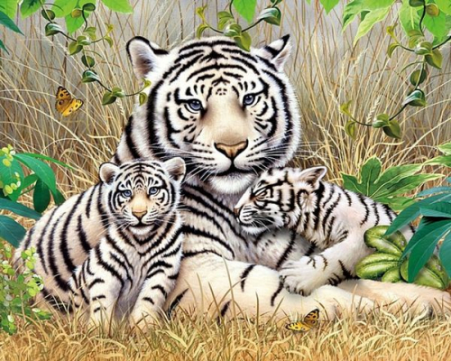 Алмазная мозаика круглыми стразами Семья белых тигров