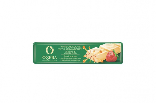 «O'Zera», шоколадный батончик White with strawberry crisps and popping candy, 45 г (упаковка 30 шт)