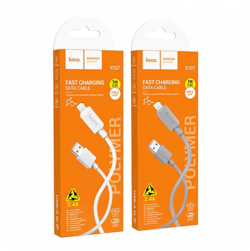 Кабель Hoco X107 USB A, Lightning, ПВХ, 2,4A, серый 1м, в коробке (31)