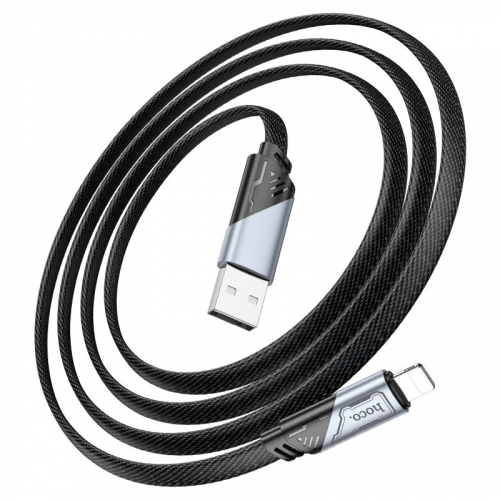 Кабель Hoco U119 USB A, Lightning, нейлон, плоский, мет. разъемы, 2,4A, черный, 1,2м