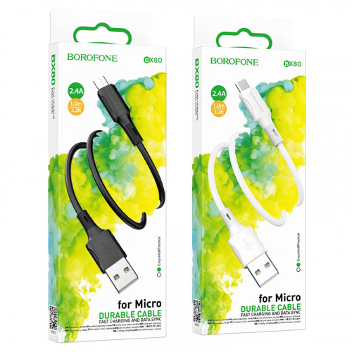 Кабель Borofone BX 80 USB A, microUSB B, ПВХ, 2,4А, черный в коробке,1м