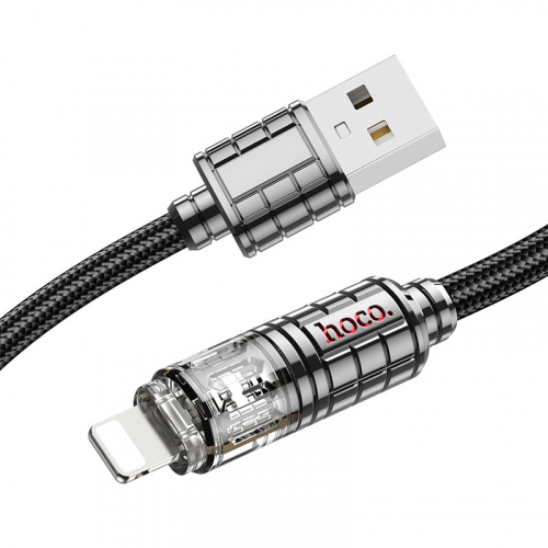 Кабель Hoco U122 USB A, Lightning, нейлон, индикатор заряда, прозр. разъем, 2,4A, черный, 1,2м