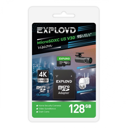 Карта памяти 128 GB Exployd UHS-1, U3, V30 95Mb/s (micro SDHC,class10) с SD-адаптером