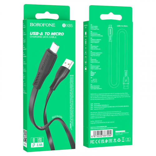 Кабель Borofone BX 85 USB A, microUSB B, ПВХ, плоский, 2,4А, черный в коробке,1м