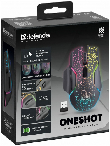 Мышь игровая Defender Oneshot GM-067 черная, беспроводная, встроенный акб, подсветка