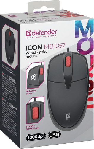 Мышь проводная Defender Icon MB-057, бесшумные кнопки, 1,8м, черная