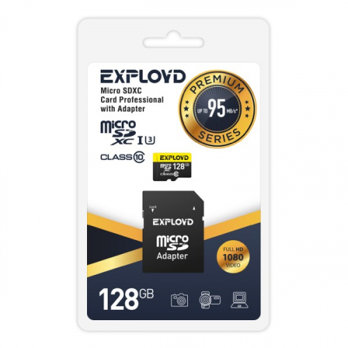 Карта памяти 128 GB Exployd UHS-1, U3, Premium 95Mb/s (micro SDXC,class10) с SD-адаптером