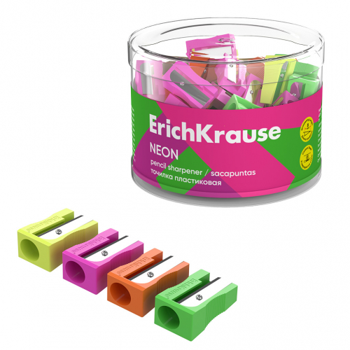 12,3р. 16р.Точилка пластиковая ErichKrause EasySharp, Neon, ассорти (в тубусе по 60 шт)