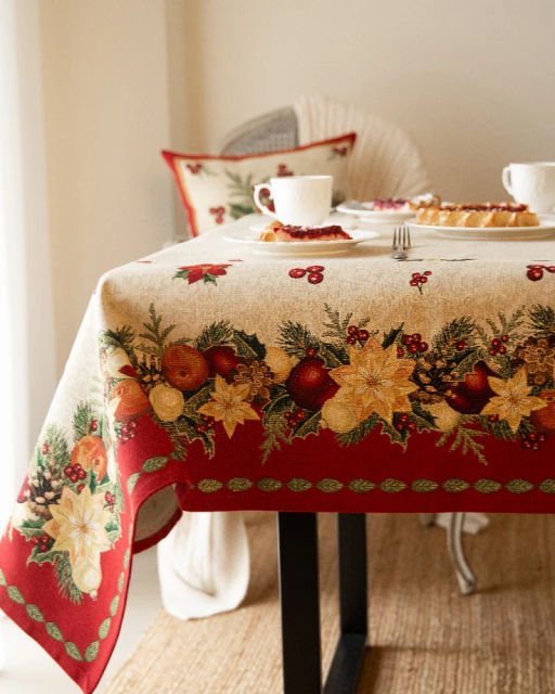 Рождественская звезда красный бордюр Скатерть 140х300 см 2414146 золото New
