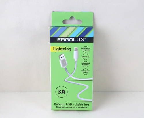 Дата-кабель USB(A)шт. - Lightning шт. ERGOLUX ELX-CDC03-C01 3А 1.2м, белый, коробка