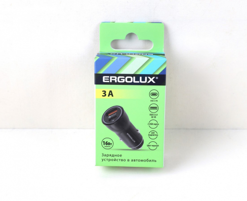 Авто зарядник/блок пит. (прикур) ERGOLUX ELX-CA01-C02 USB+Type-C 12V, 5V/3А, LED инд, черн,кор