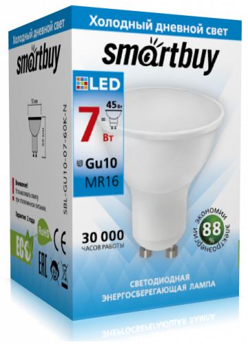 Светодиодная (LED) Лампа Smartbuy-Gu10-07W/6000 (7W/холодный/Gu10) (заказ кратно 10шт)