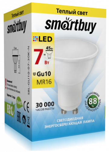 Светодиодная (LED) Лампа Smartbuy-Gu10-07W/3000 (7W/теплый/Gu10) (заказ кратно 10шт)