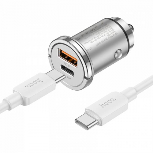 Автомоб. зарядное Hoco NZ10 Type-C, USB A(QC3.0)+Type-C(гн) PD45W+кабель Type-C/Type-C, серебр.