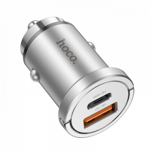 Автомоб. зарядное Hoco NZ10 USB A (QC3.0) + Type-C(гн) PD45W, серебристое