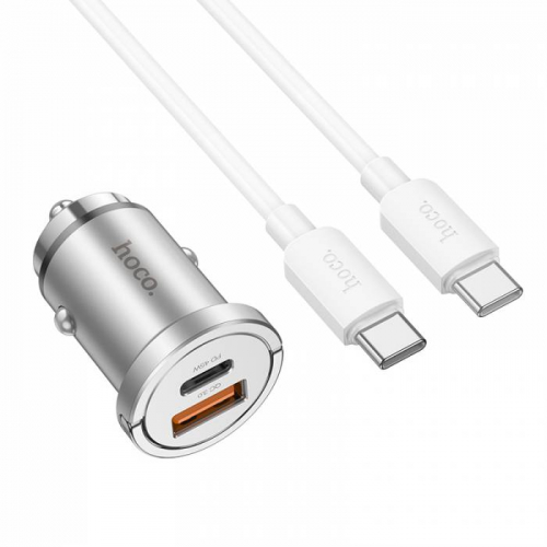 Автомоб. зарядное Hoco NZ10 Type-C, USB A(QC3.0)+Type-C(гн) PD45W+кабель Type-C/Type-C, серебр.