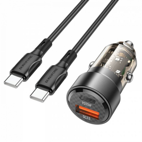 Автомоб. зарядное Borofone BZ20 USB (QC3.0) +Type-C(гн) + кабель Type-C/Type-C, черное