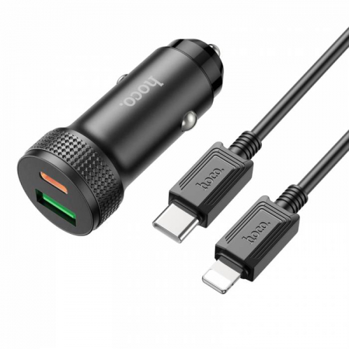 Автомоб. зарядное Hoco Z49B Lightning USB A(QC3.0)+Type-C(гн)PD20W + кабель Type-C/Lightning, черное