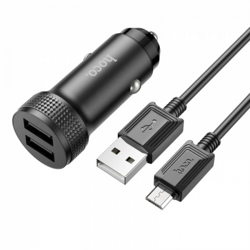 Автомоб. зарядное Hoco Z49 microUSB B, 2USB (2400мА max) + кабель, (в коробке), черное