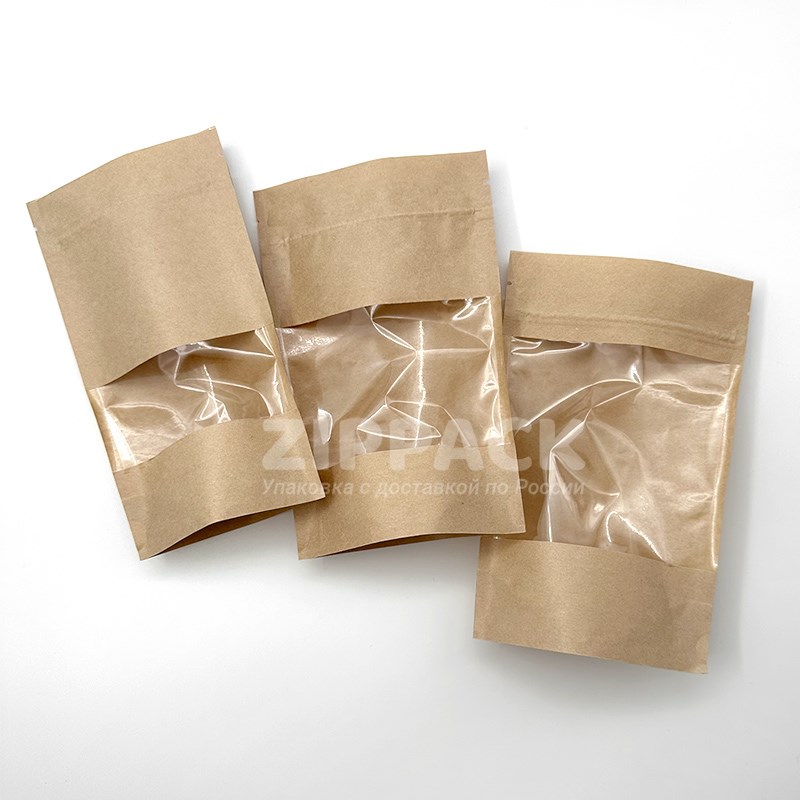 Крафт пакет дой-пак зип-лок 135 х 225 мм с окном 40 мм (50 шт.)