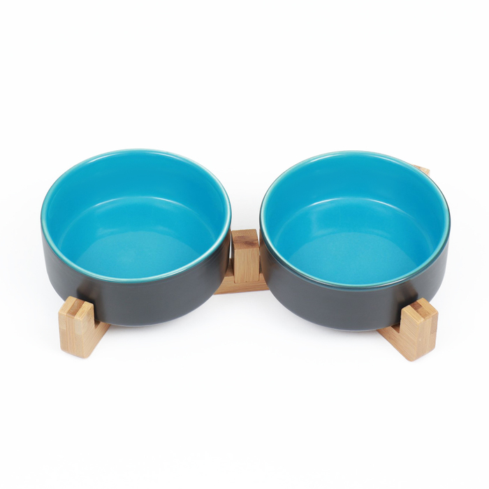 Миски керамические двойные на подставке 2×450 мл 28.5×15.5×7 см, серая/голубая