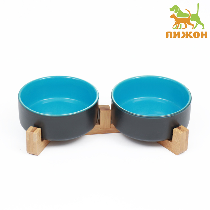 Миски керамические двойные на подставке 2×450 мл 28.5×15.5×7 см, серая/голубая